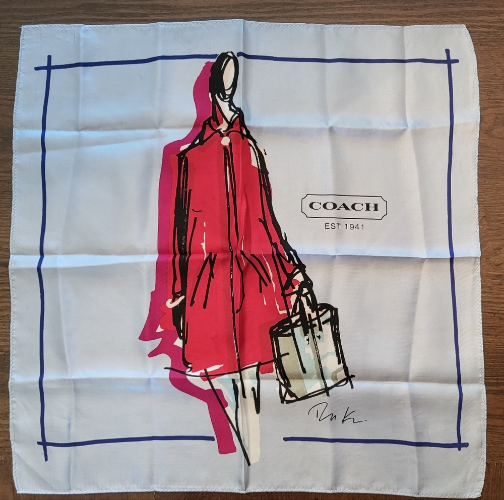 Coach Light Blue 100% Silk Square Scarf
